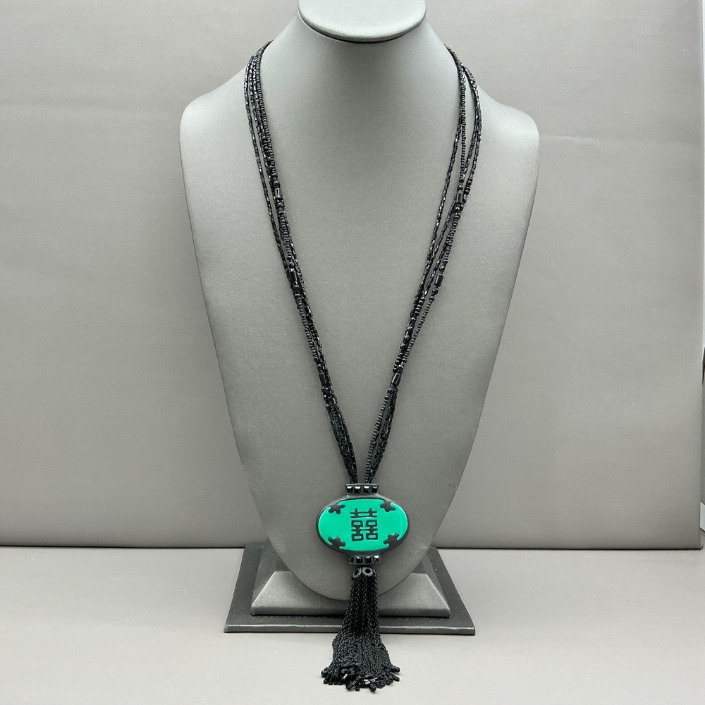 Chico's Necklace Women Black Green Beaded Tassel Double Happiness Asian Style